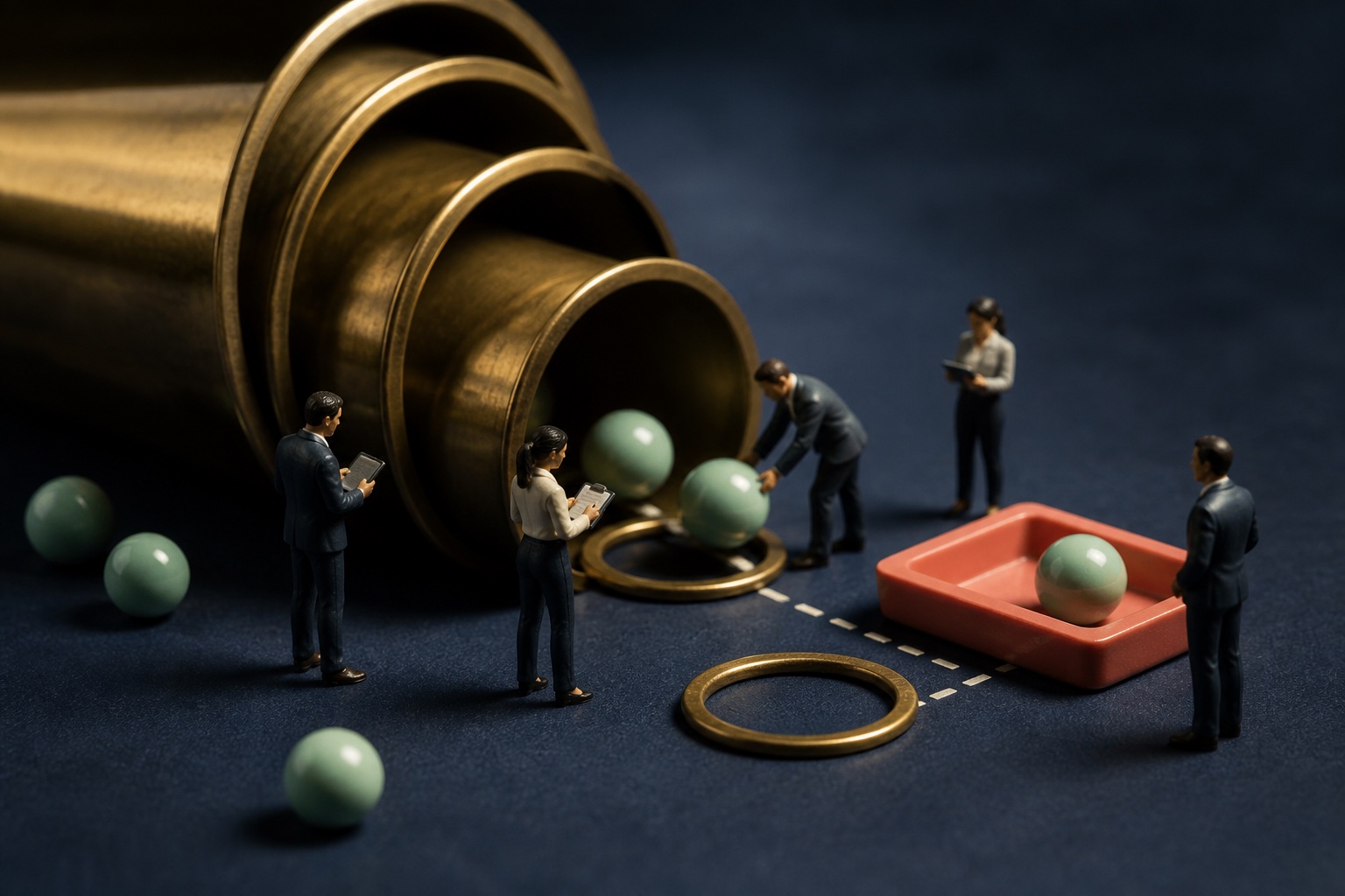 Tiny sales specialists guiding opportunity spheres through an enormous brass funnel