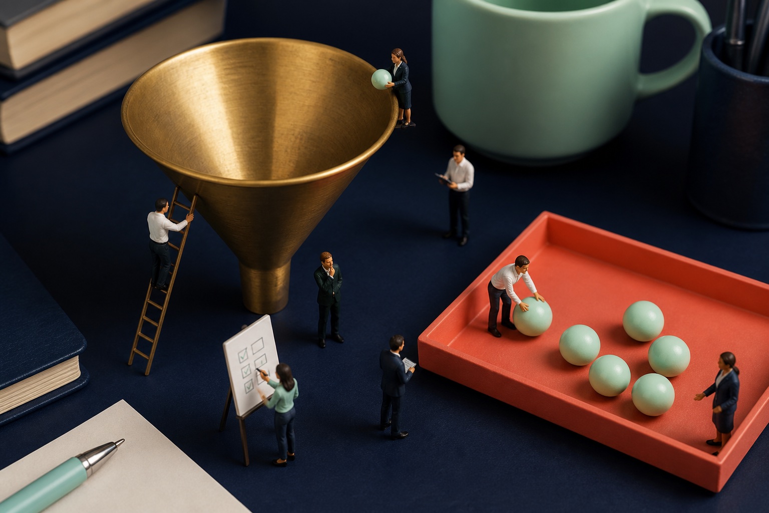 Tiny salespeople arranging fit questions around a giant qualification funnel
