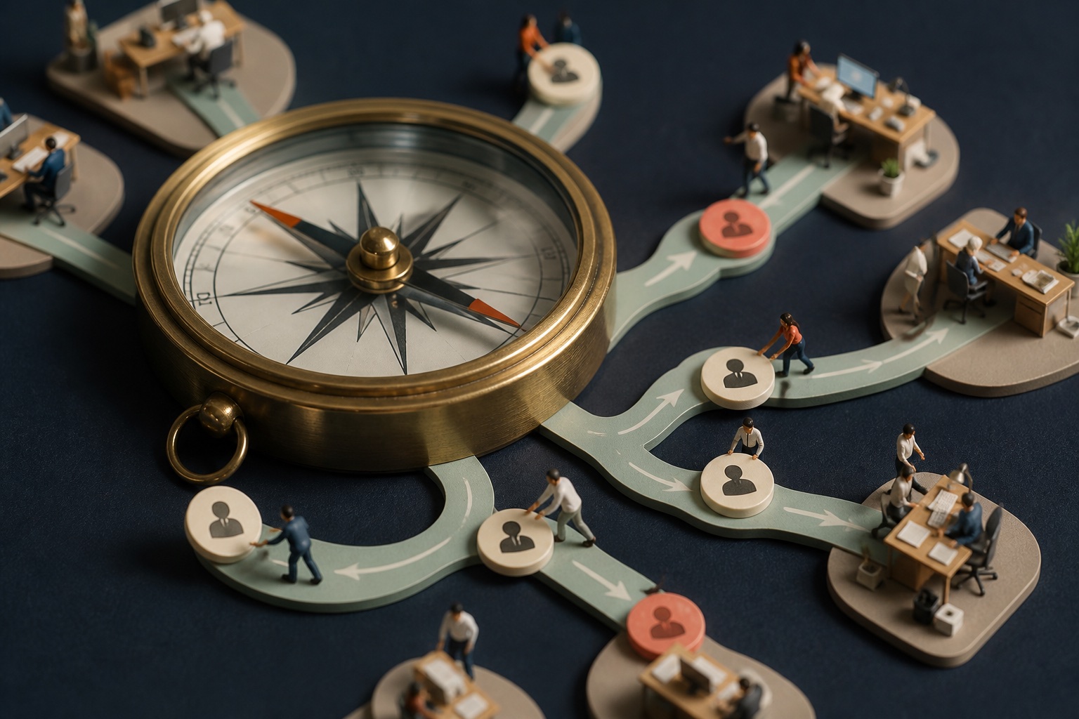Tiny sales operators routing giant lead tokens around an enormous brass compass