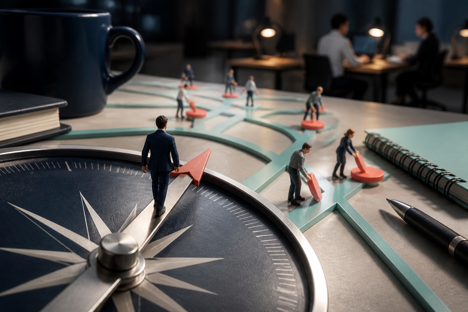 Tiny sales operator walking along a giant compass and routing tracks