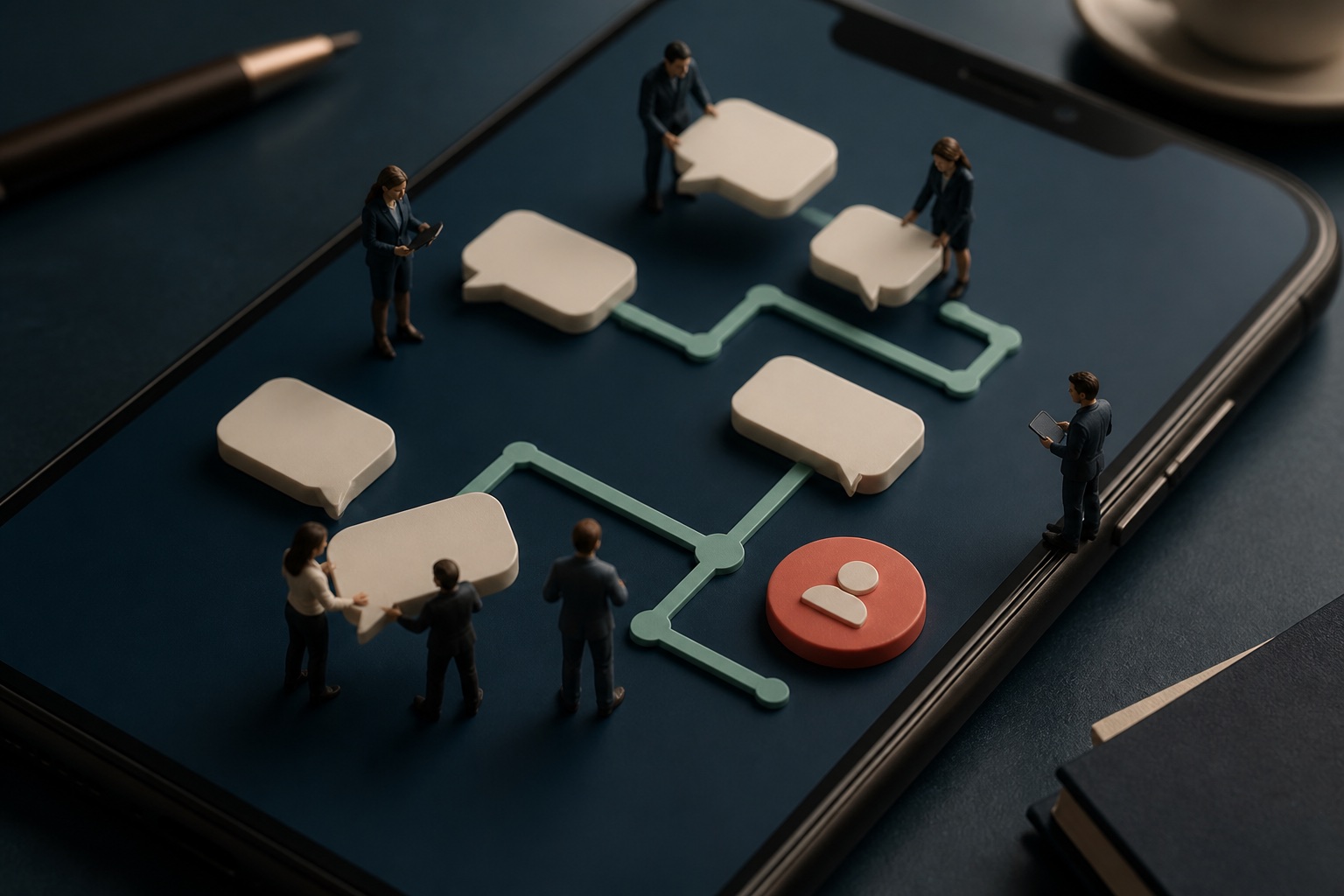 Tiny conversation designers arranging giant speech bubbles across an enormous smartphone