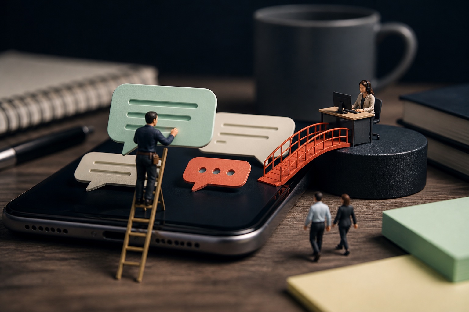 Tiny specialists building a chat path on a giant smartphone with a human escalation bridge