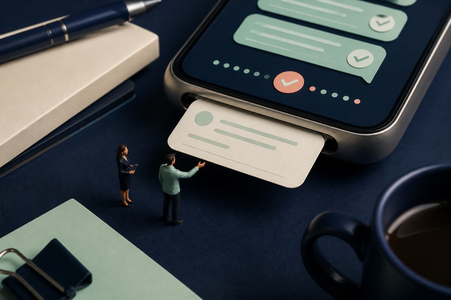 Tiny adviser receiving a complete chat handoff beside a giant phone and message tiles