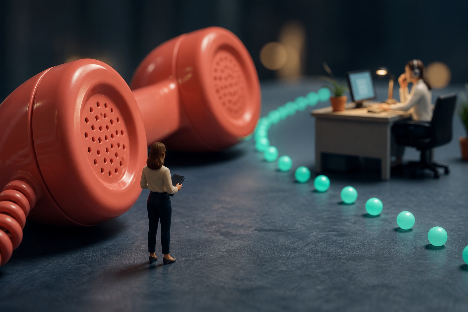 Tiny sales coordinators routing calls beside an enormous coral telephone receiver