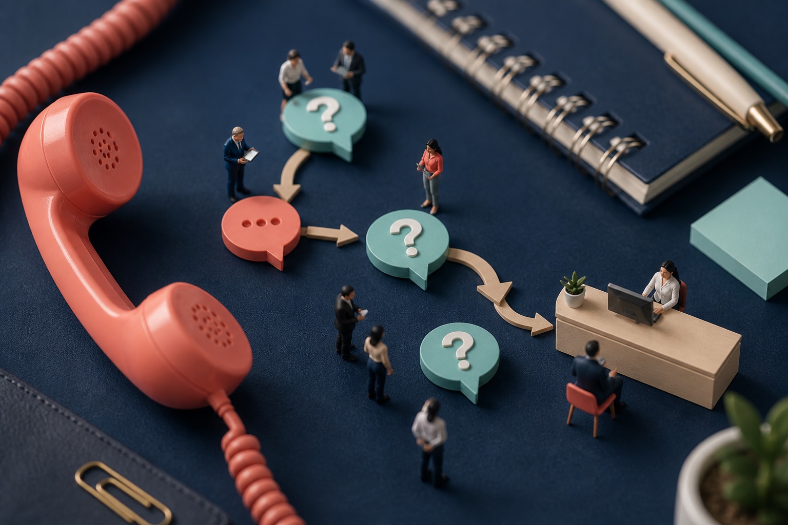 Tiny conversation designers mapping call questions from a giant telephone receiver