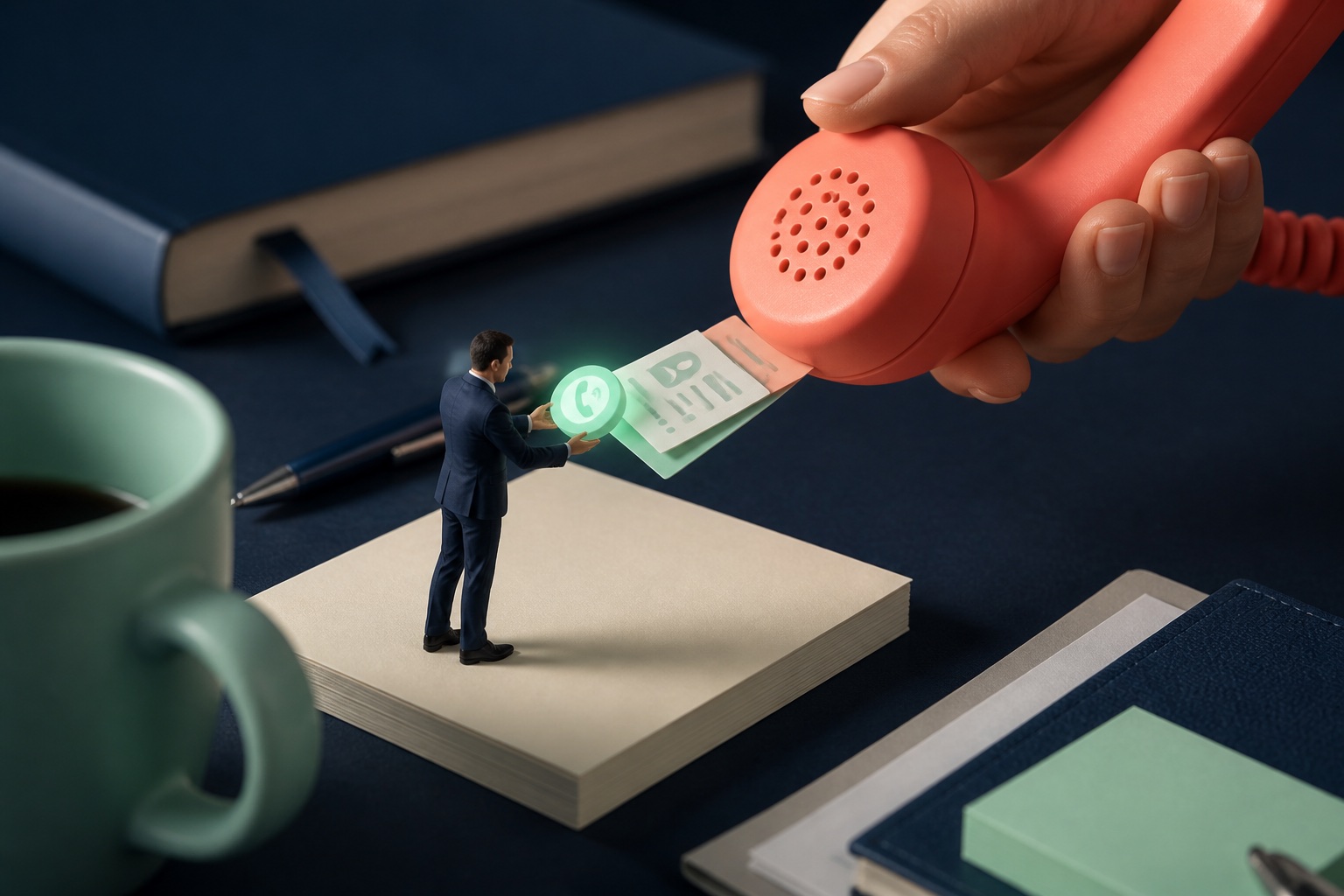 Tiny sales team receiving a prepared caller handoff beside an enormous telephone