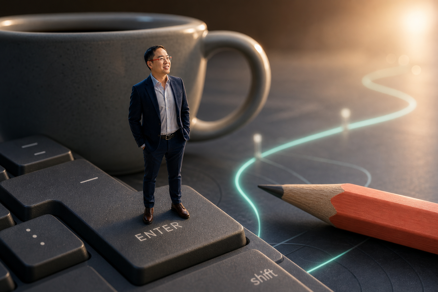 Stephen Lau en personne miniature sur un clavier surdimensionné