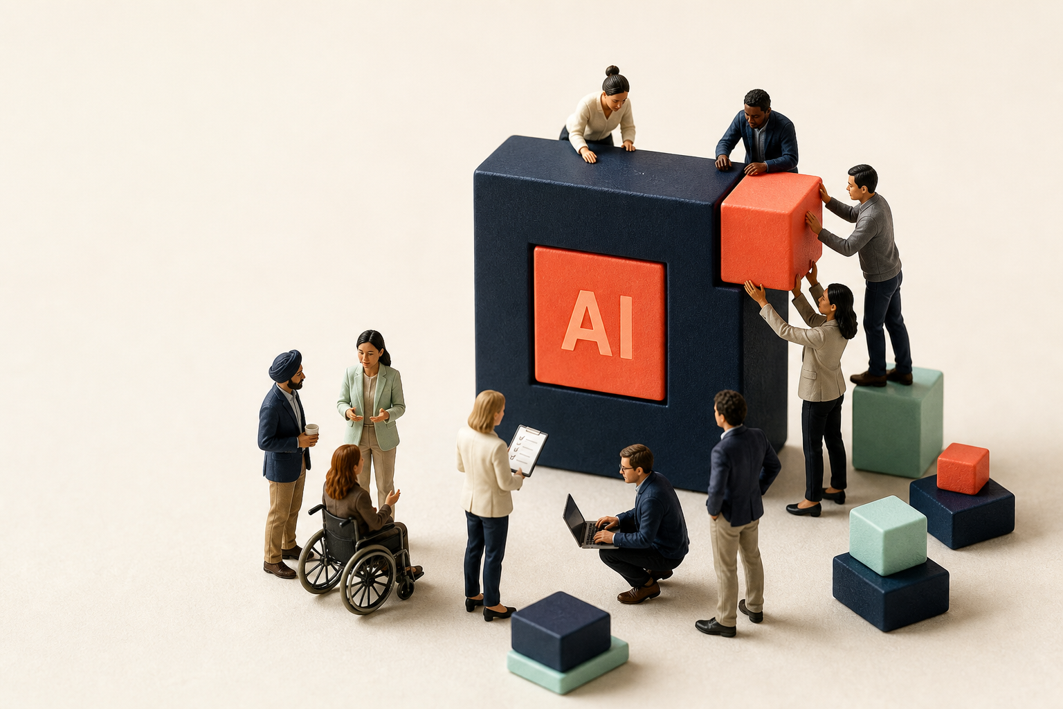 A diverse miniature team assembling a practical AI building block together