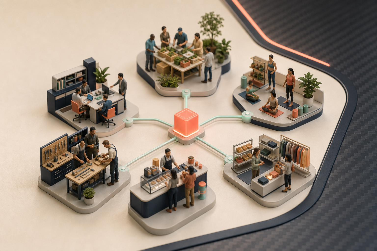 Tiny people in several industries connected to one adaptable AI platform