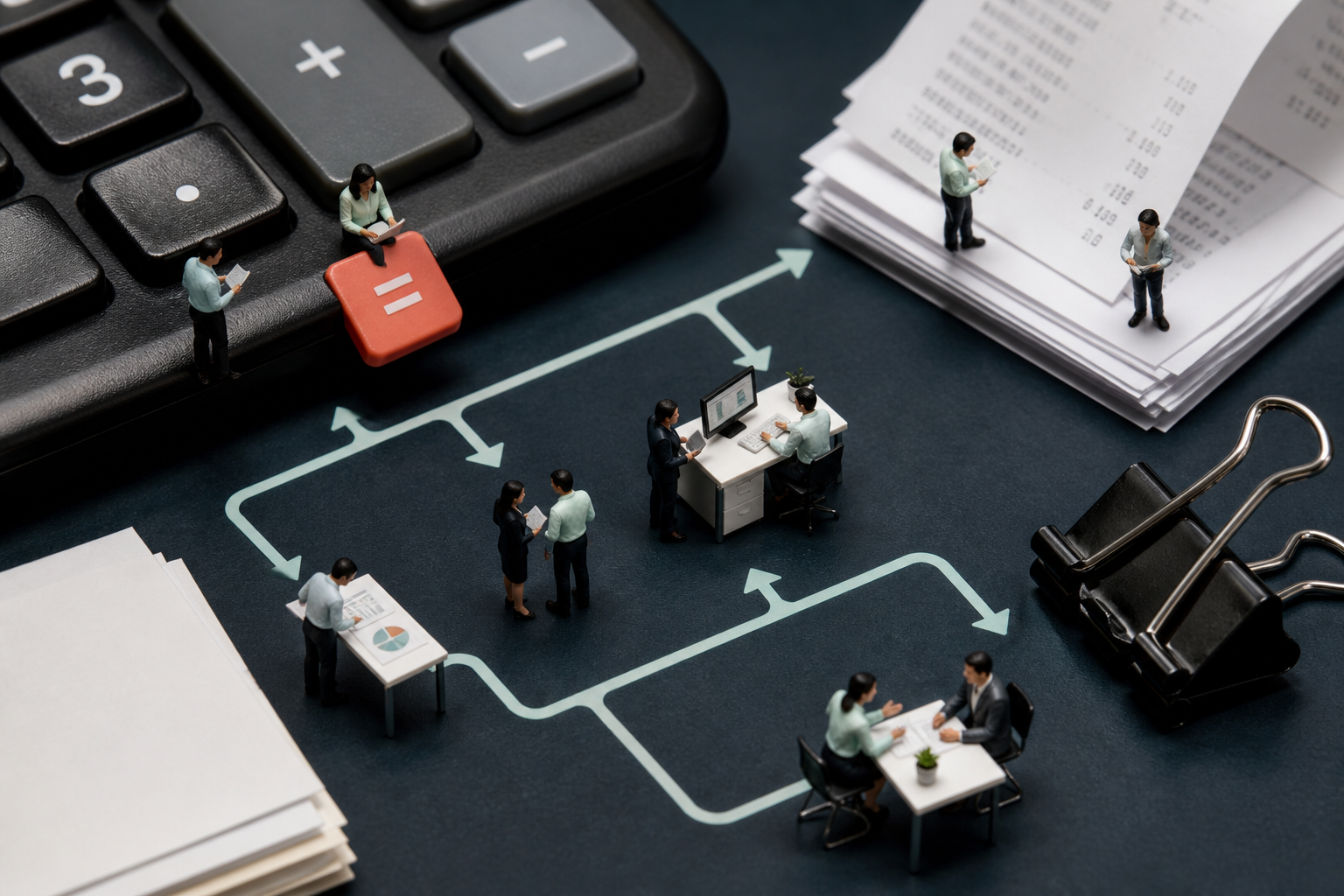 Tiny accountants working across oversized calculator keys, receipts and binder clips from intake through reconciliation and review