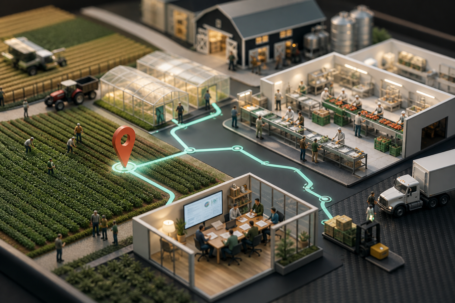 Tiny agriculture and food production teams connecting fields, planning, quality checks, processing and logistics