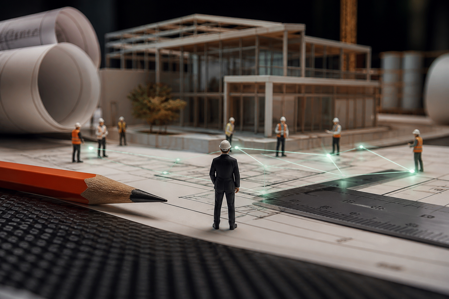 Tiny architect behind an oversized pencil and ruler looking across plans toward engineers and a building model