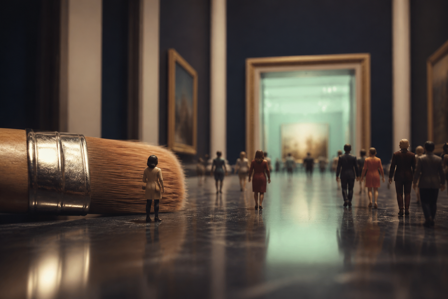 Tiny museum visitors viewed from floor level beside an enormous artist paintbrush approaching gallery spaces