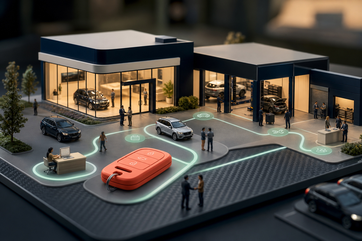 Tiny automotive teams connecting online inquiries, vehicle appointments, service work and customer handoff