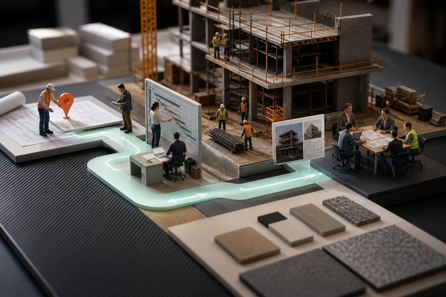 Tiny construction teams connecting plans, schedules, site progress and a human project meeting