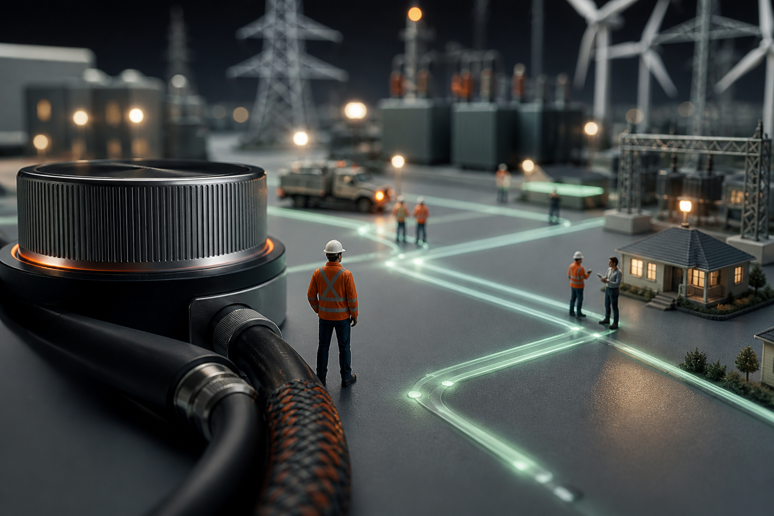 Tiny utility engineer beside an oversized control dial and cable overlooking field service and community infrastructure