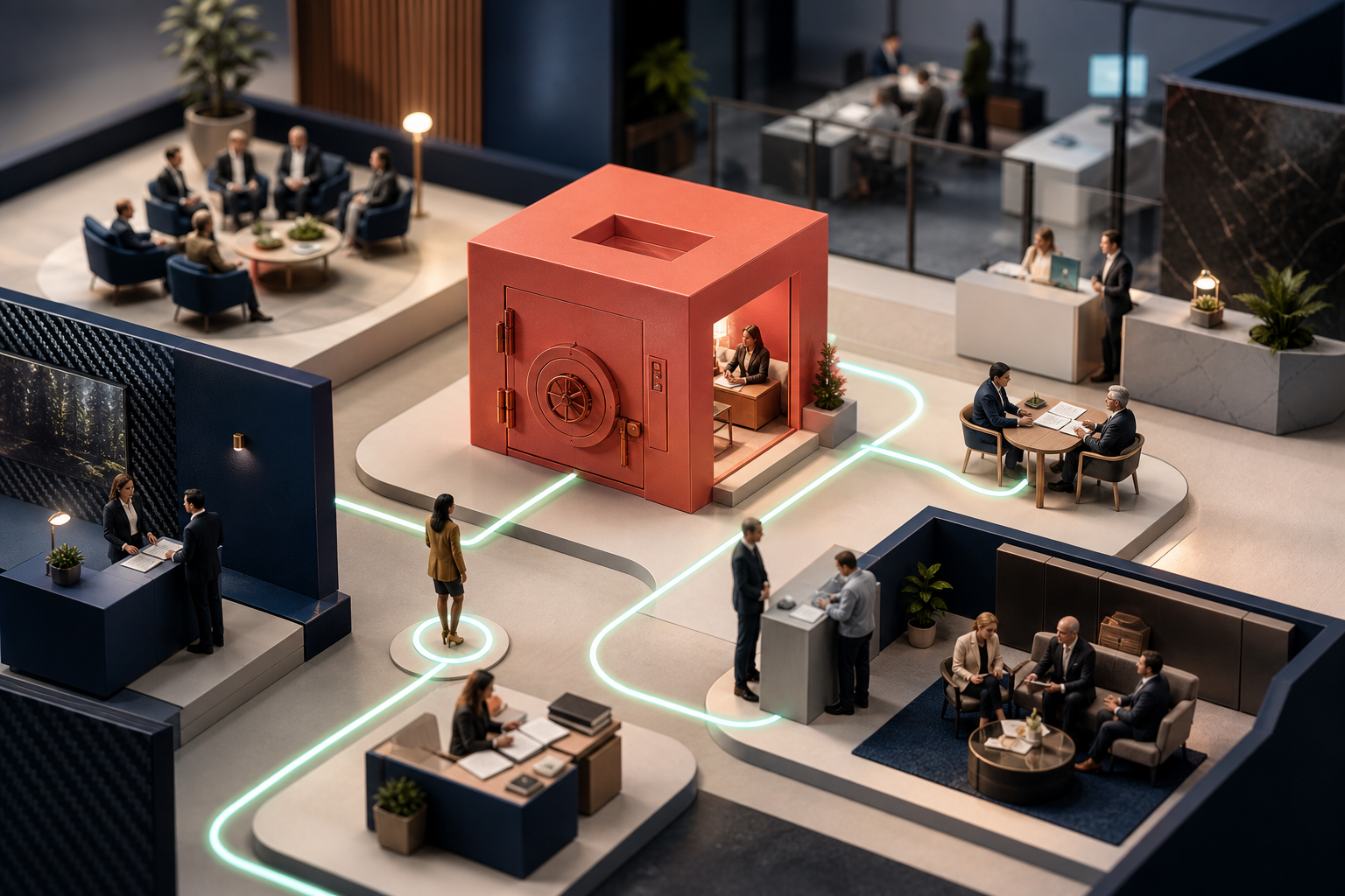 Tiny financial service teams connecting client inquiry, controlled documents, compliance review and human advice