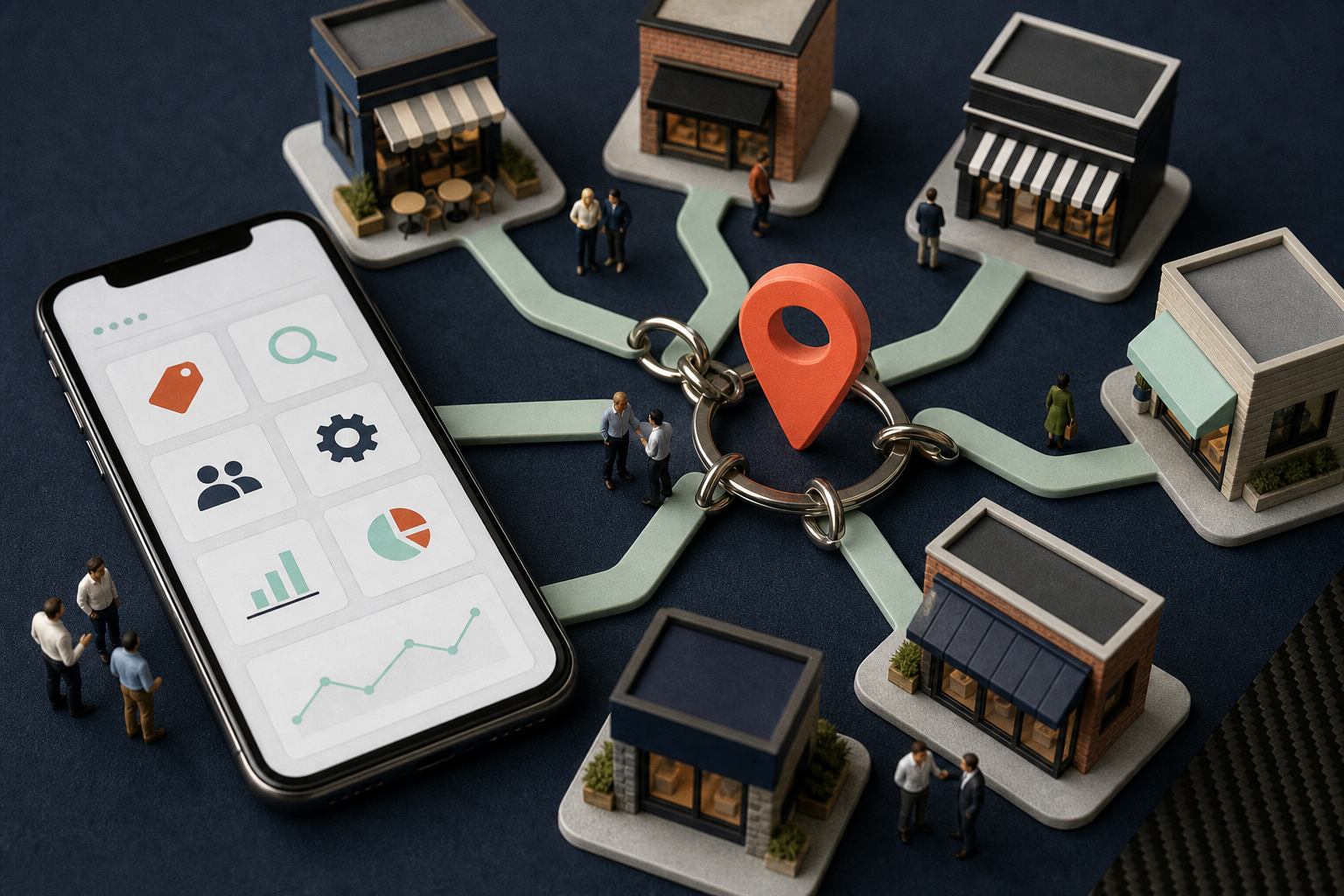Tiny local managers connecting oversized smartphone and keyring to multiple distinct storefronts