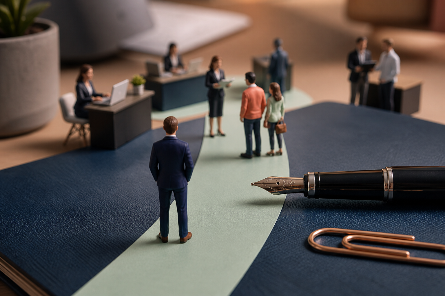 Tiny insurance professionals beside an oversized fountain pen and paperclip guiding clients through intake, review and human advice