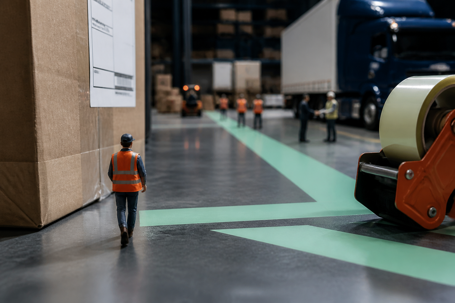 Tiny logistics worker walking beside an oversized parcel and tape dispenser toward warehouse teams and trucks