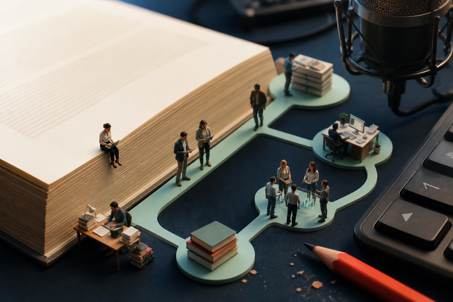 Tiny editors and publishers working among an oversized book, keyboard, pencil and studio microphone