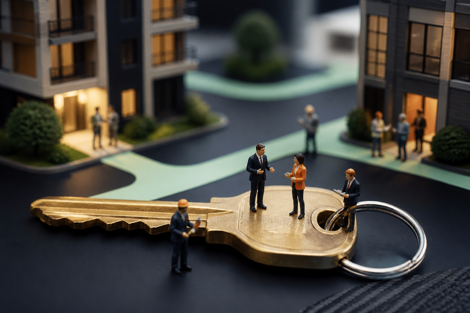 Tiny property managers standing on an oversized brass key while coordinating residents, buildings and maintenance