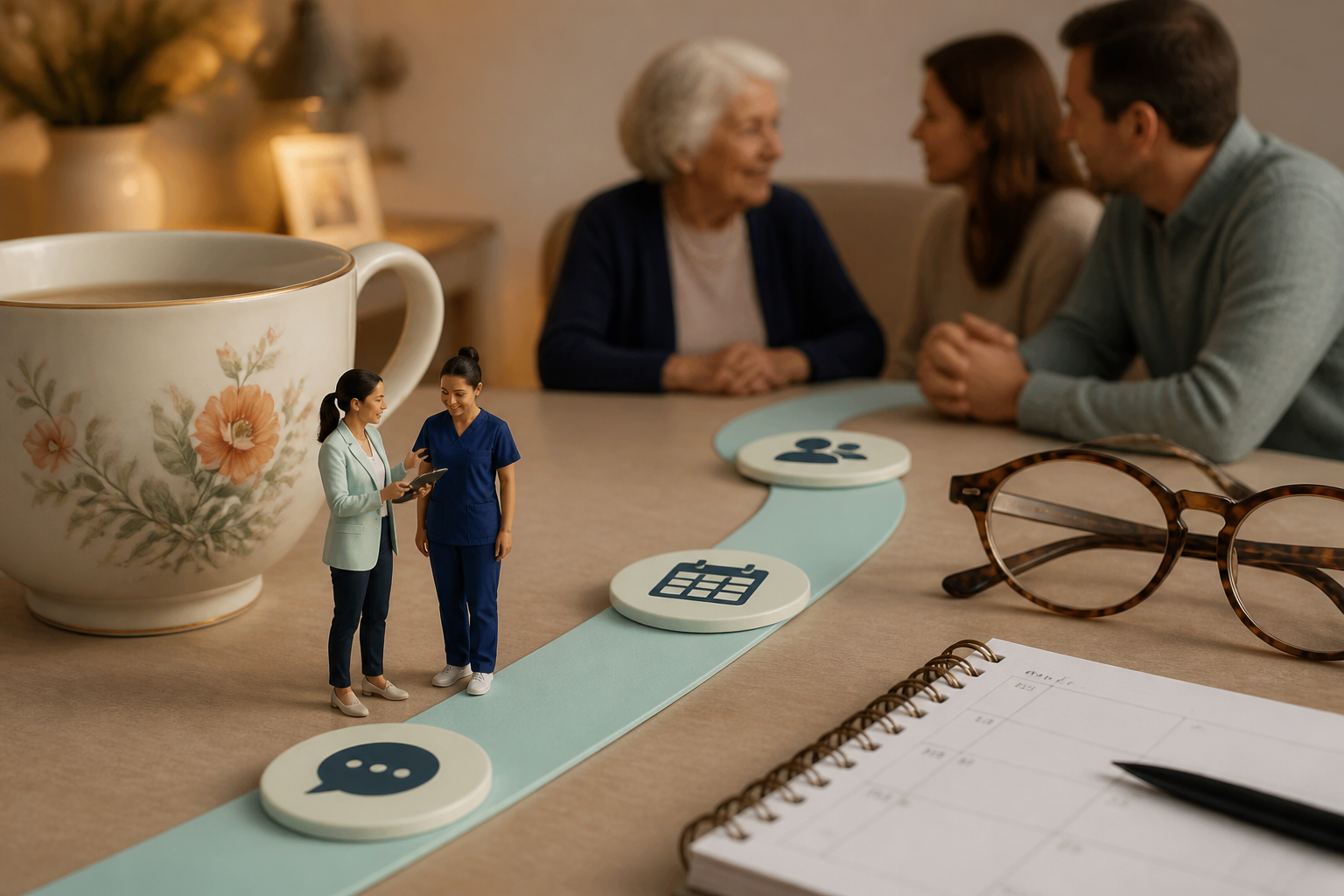 Tiny care coordinator and caregiver beside an oversized teacup and glasses with a senior and family conversation behind them