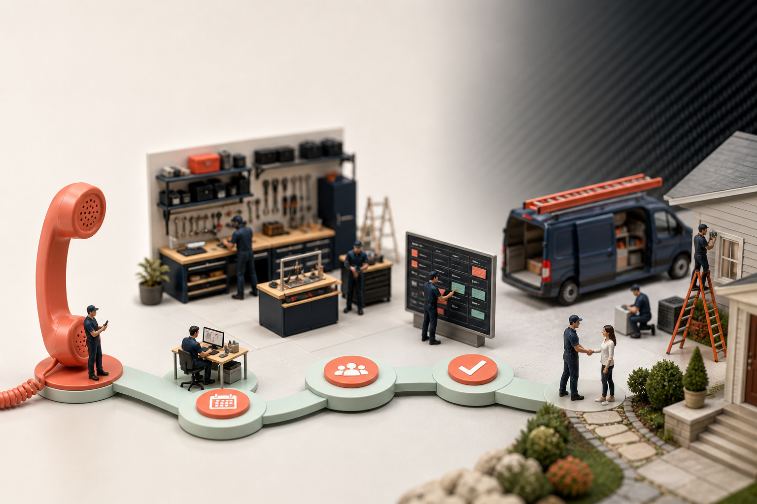 Tiny tradespeople connecting phone inquiries, scheduling and completed home service work