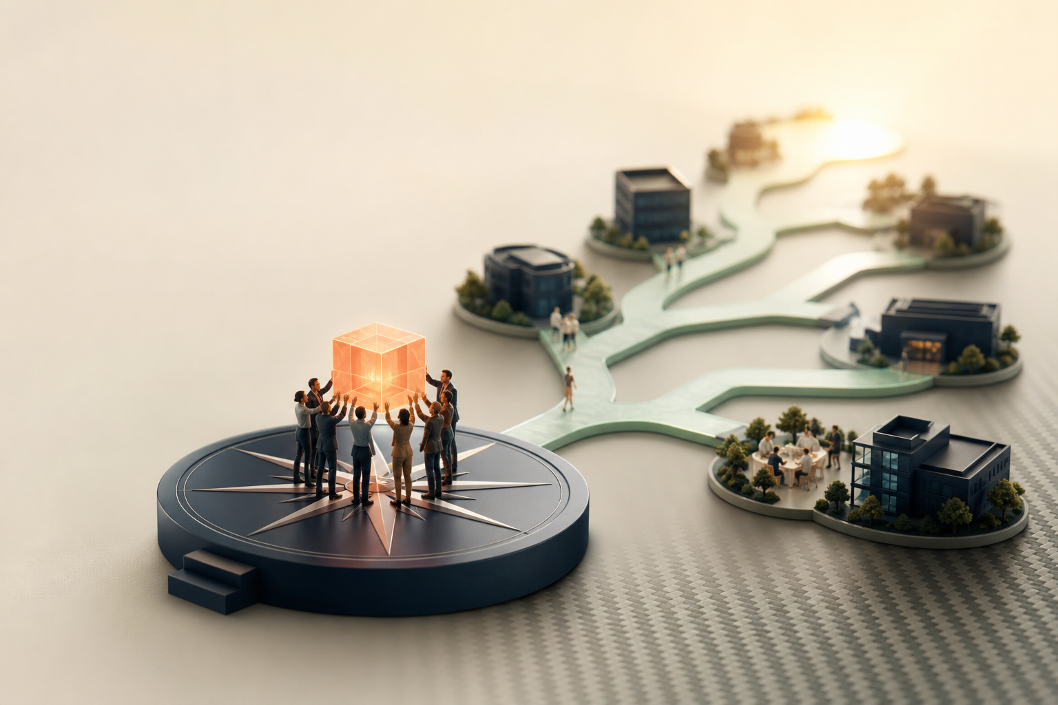 Tiny people setting a shared direction from a glowing AI element toward connected organizations
