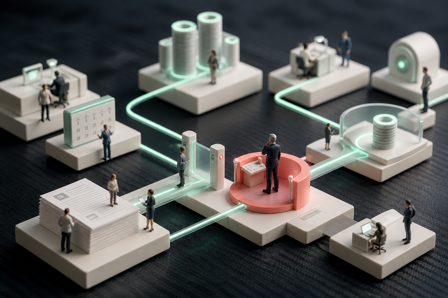 Tiny developers comparing a traditional production line with an AI-enabled website workflow