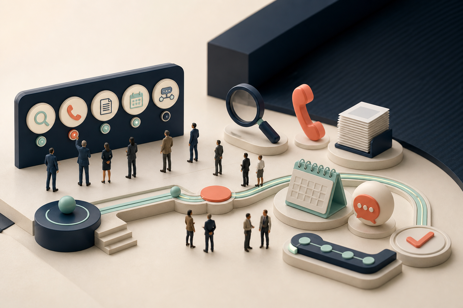 Tiny people selecting practical AI use cases for search, calls, documents, scheduling and workflows