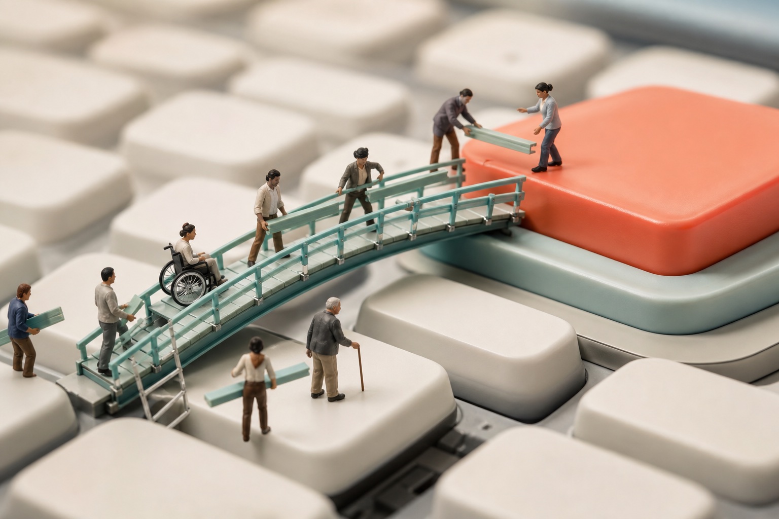 Tiny people including a wheelchair user building an accessible bridge across giant keyboard keys