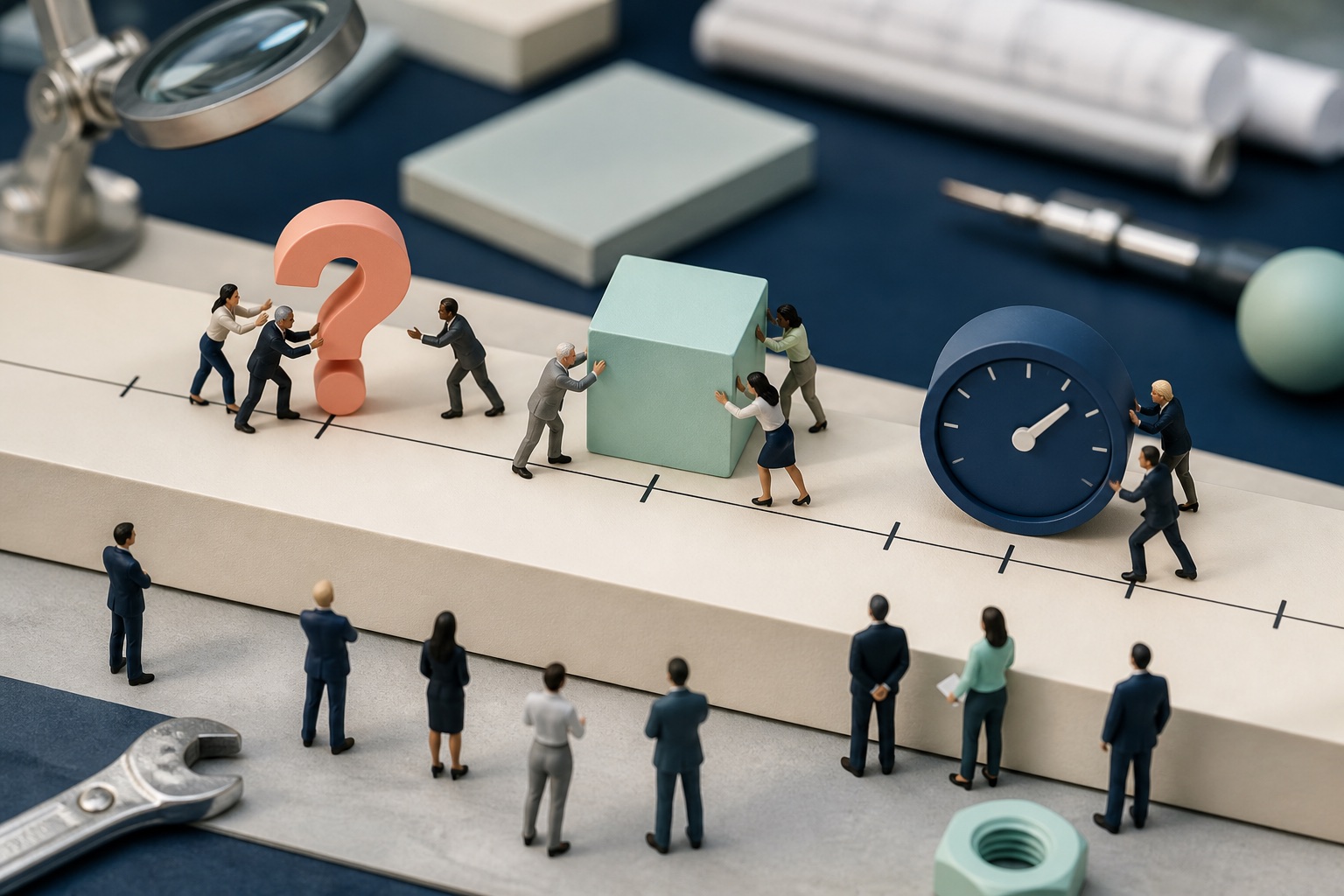 Tiny business leaders moving a question, prototype cube and measurement dial along a giant timeline