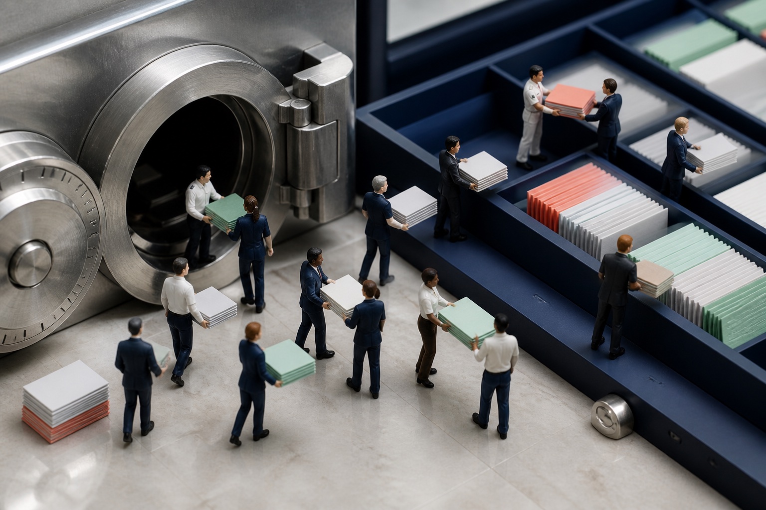 Tiny security teams carrying document cards through a giant vault