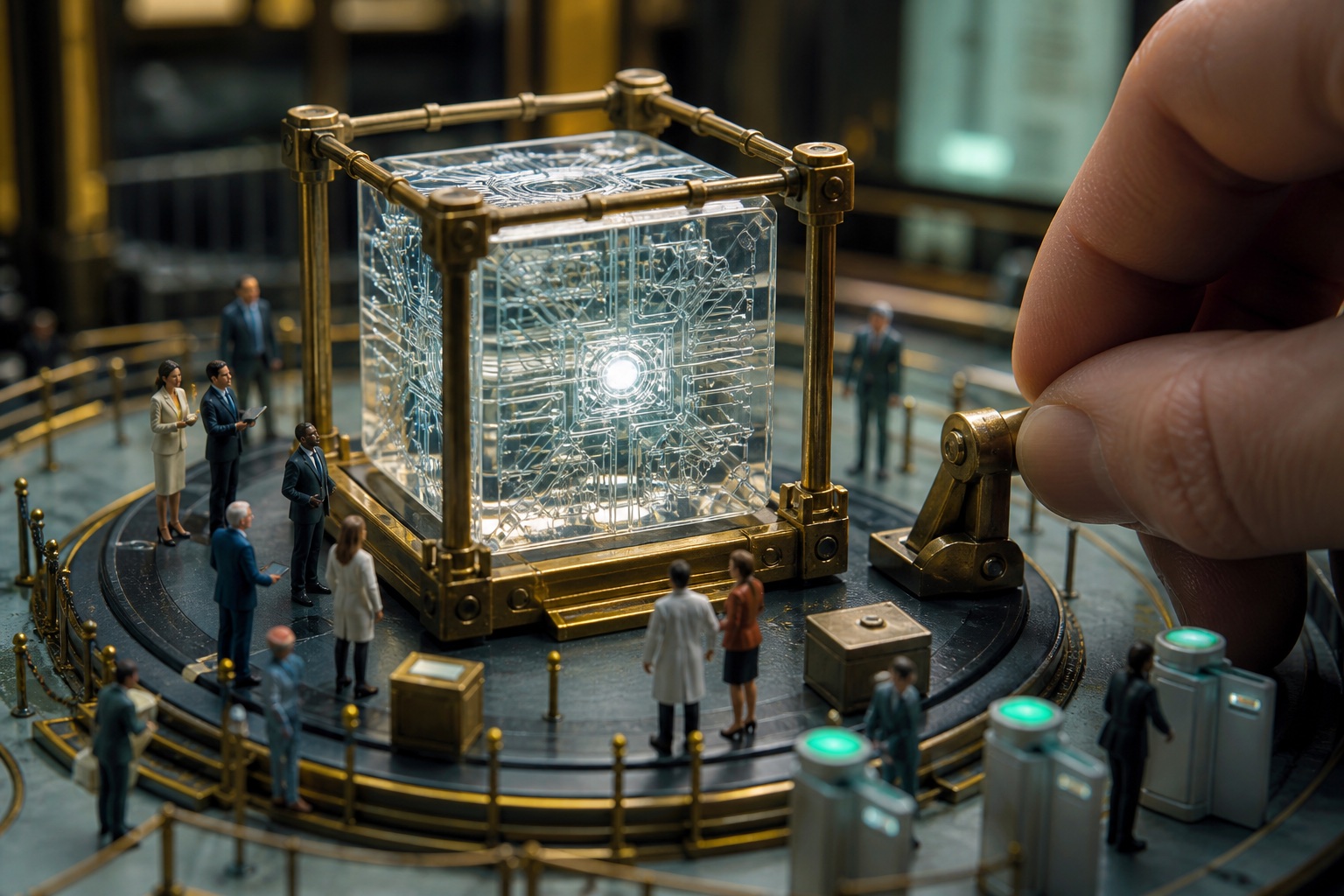 Tiny governance team inspecting a giant transparent AI cube inside a safety frame