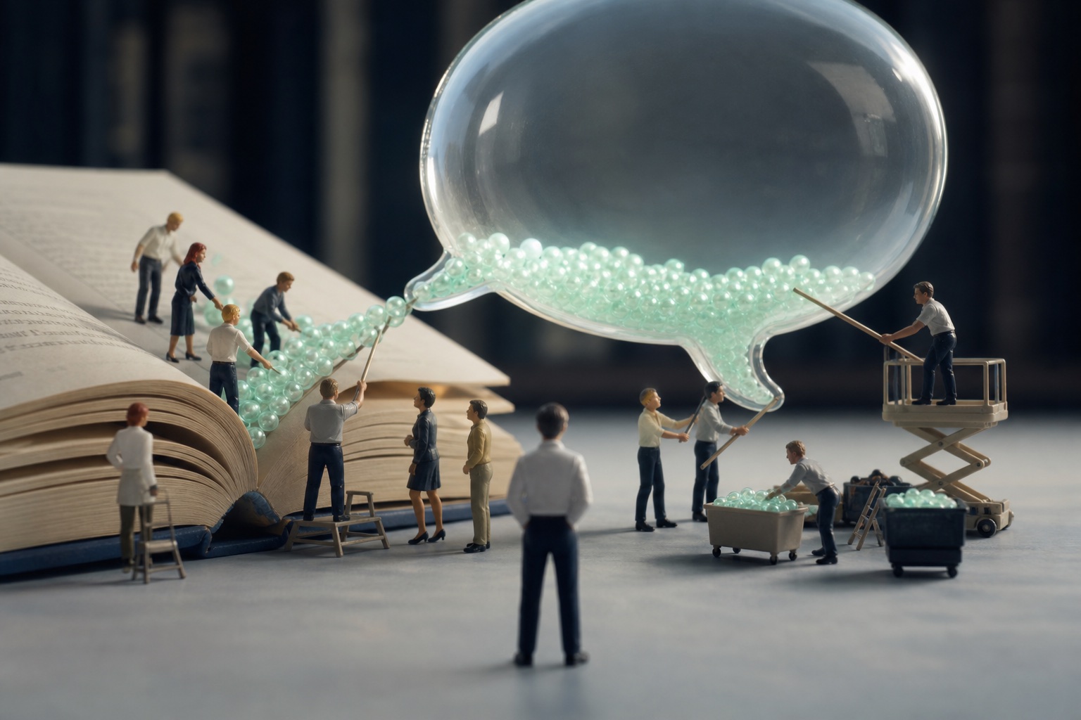 Tiny staff routing glowing information from a giant book into a speech bubble