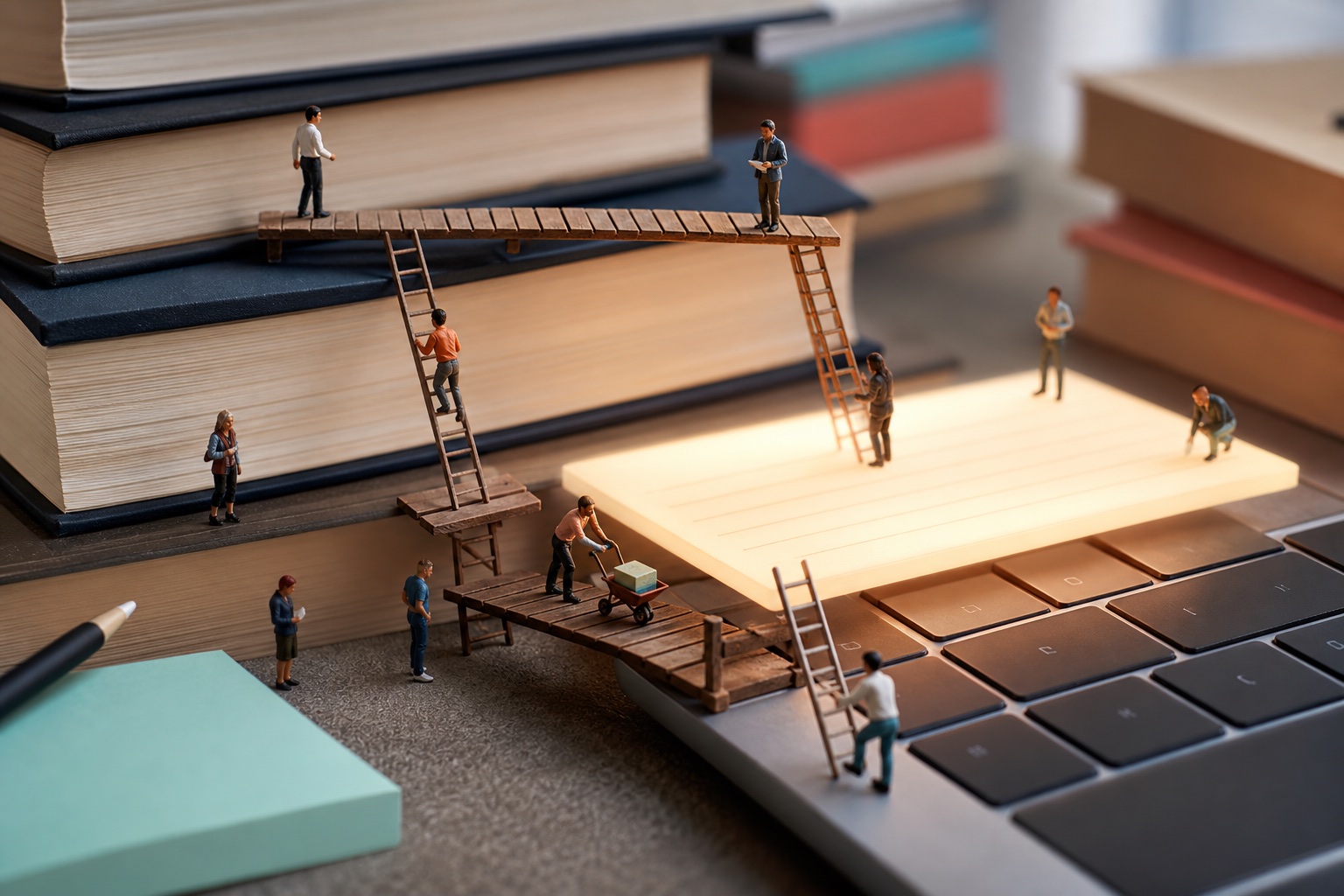 Tiny knowledge workers building bridges between giant books and a laptop
