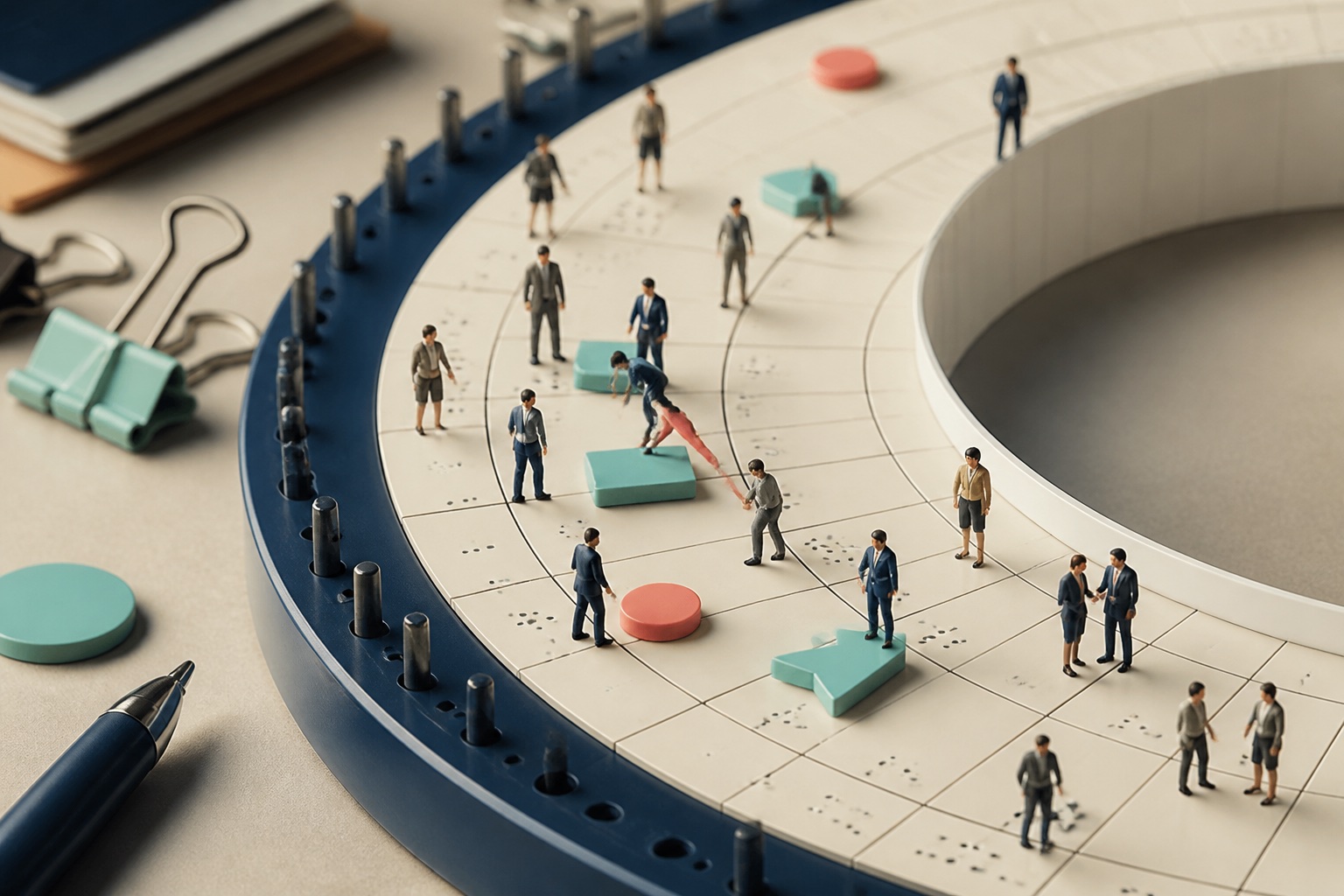 Tiny businesspeople repairing a giant circular calendar track