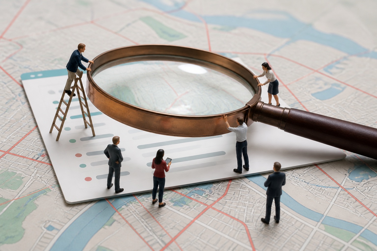 Tiny businesspeople positioning a giant magnifying glass over a map and search card