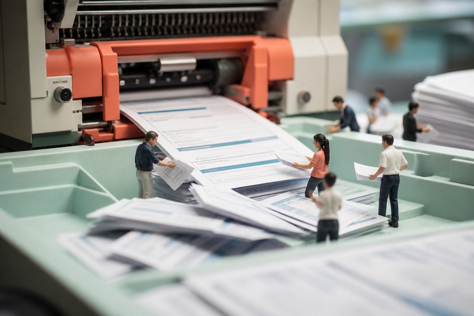 Tiny office workers processing oversized forms through a giant document machine