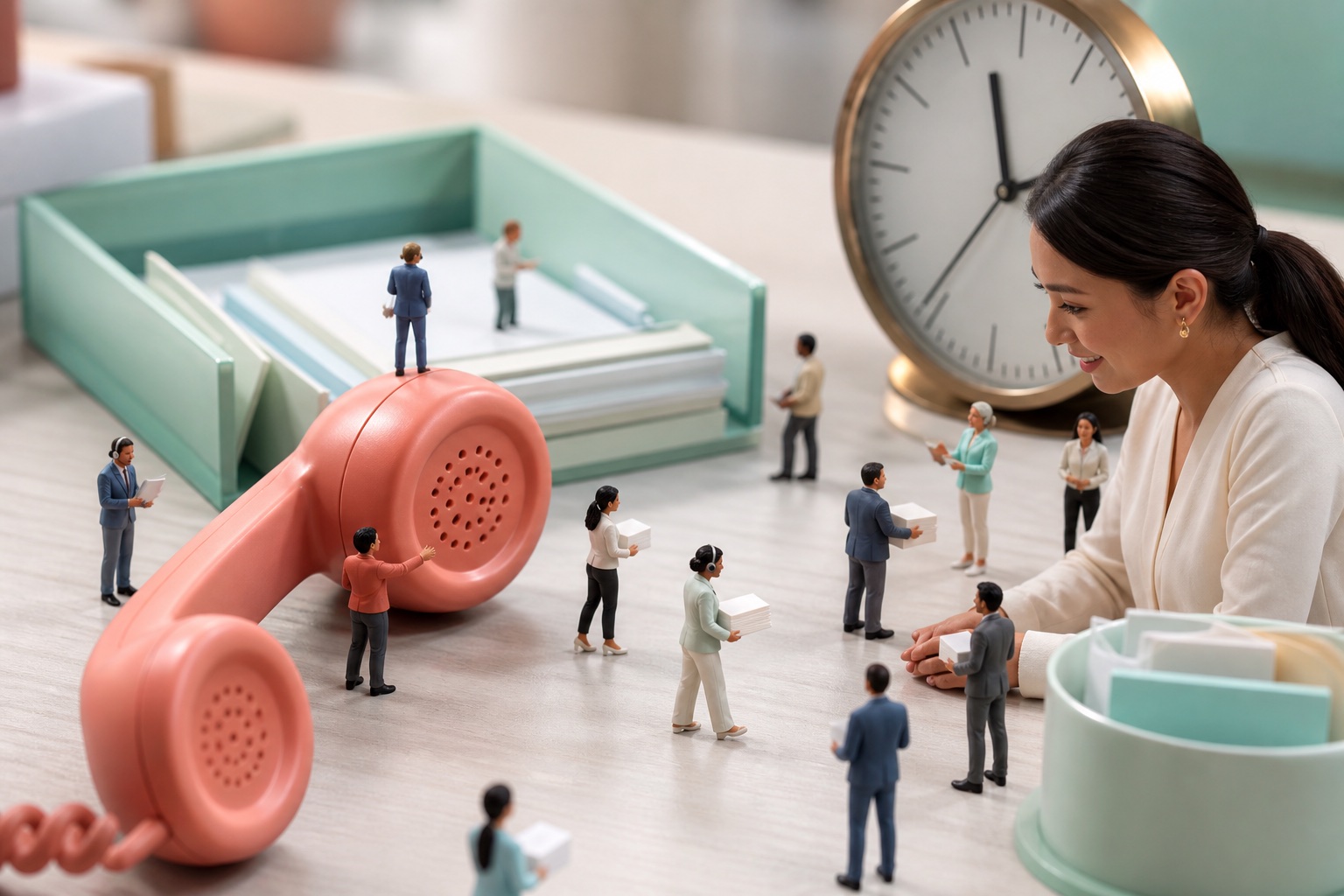 Tiny service teams operating a giant coral phone beside a clock and inbox