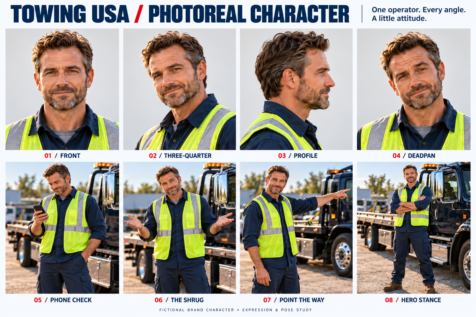 Eight views of a fictional Towing USA representative