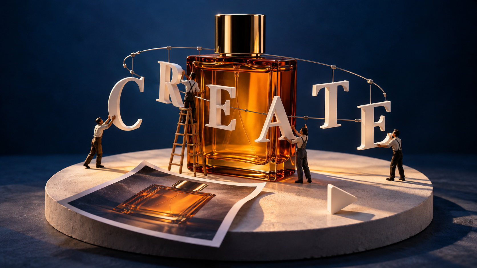 AI-generated miniature people arranging CREATE letters around an oversized amber bottle beside its product photograph