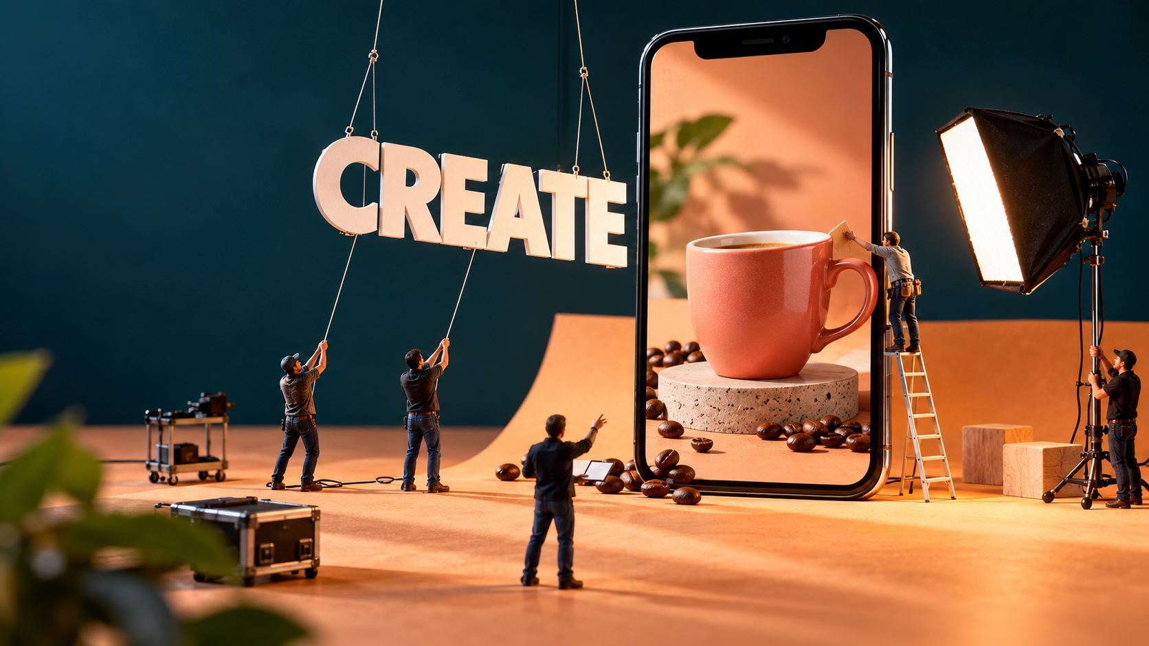 AI-generated miniature crew building a coffee-video set around an oversized smartphone and suspended CREATE letters